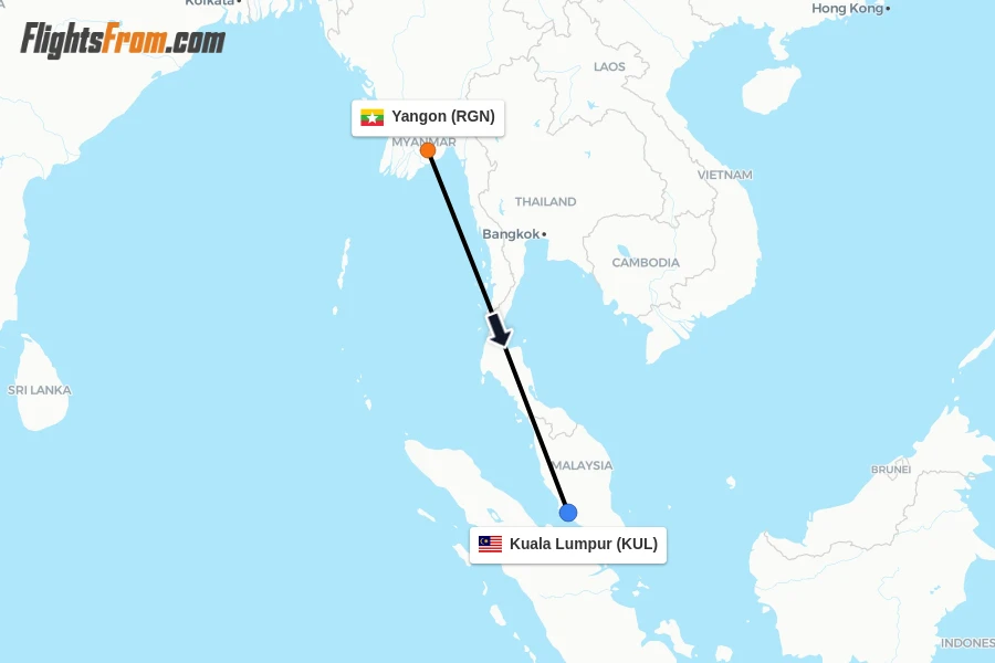Flights from Yangon to Kuala Lumpur route map