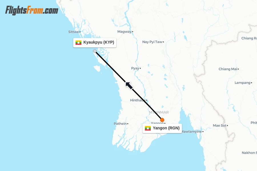 Flights from Yangon to Kyaukpyu route map