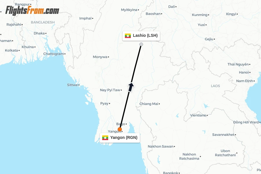 Flights from Yangon to Lashio route map