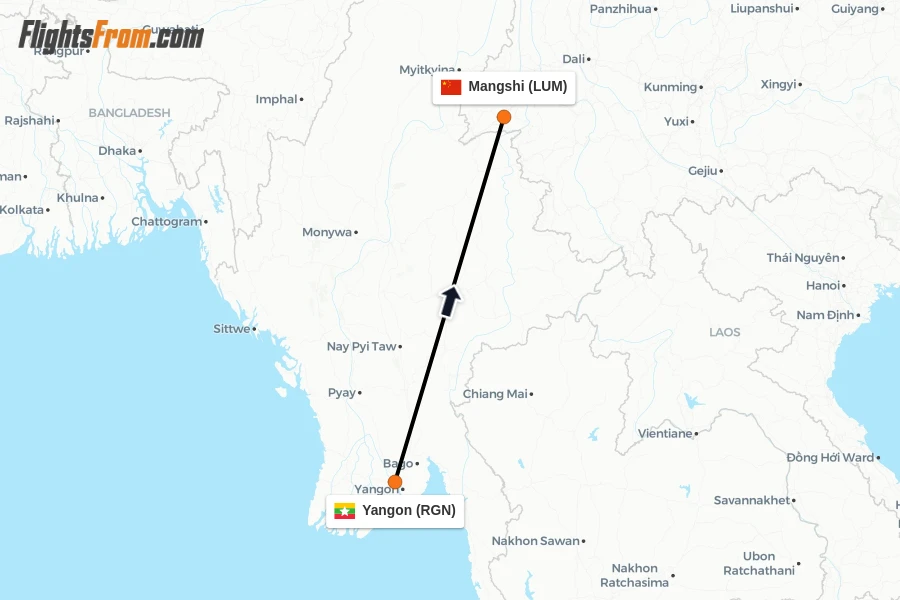 Flights from Yangon to Mangshi route map