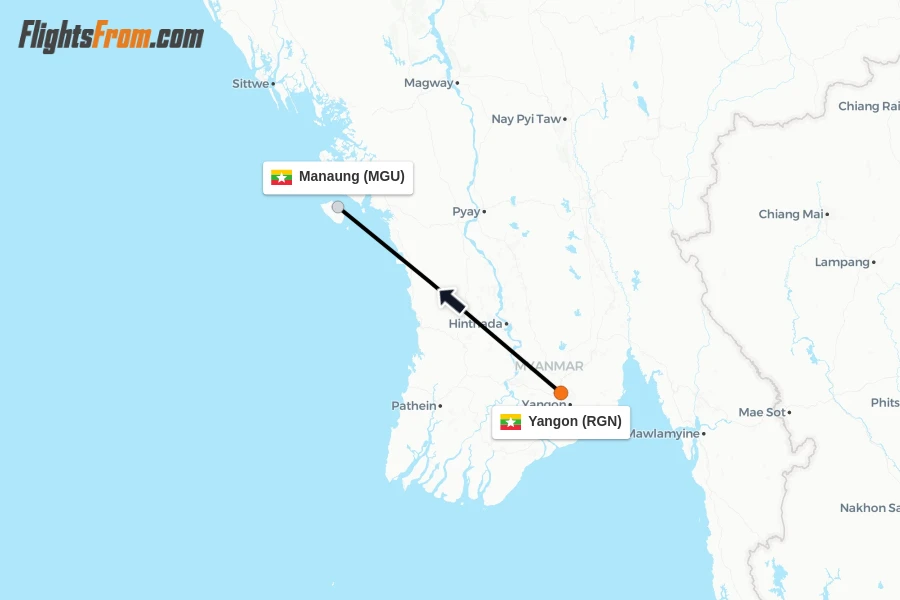 Flights from Yangon to Manaung route map