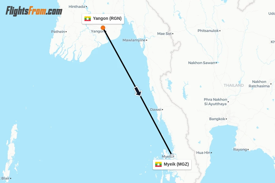 Flights from Yangon to Myeik route map