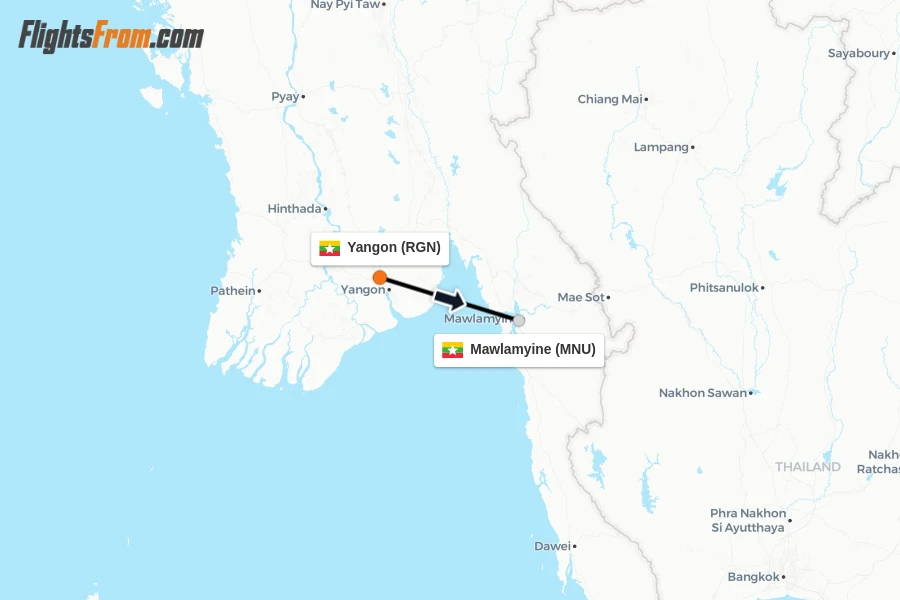 Flights from Yangon to Mawlamyine route map