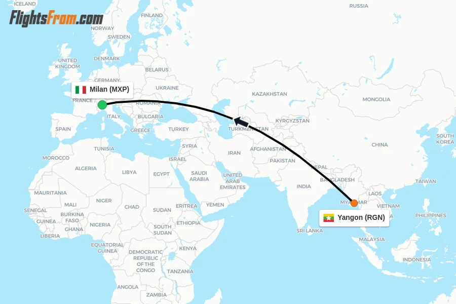 Flights from Yangon to Milan route map