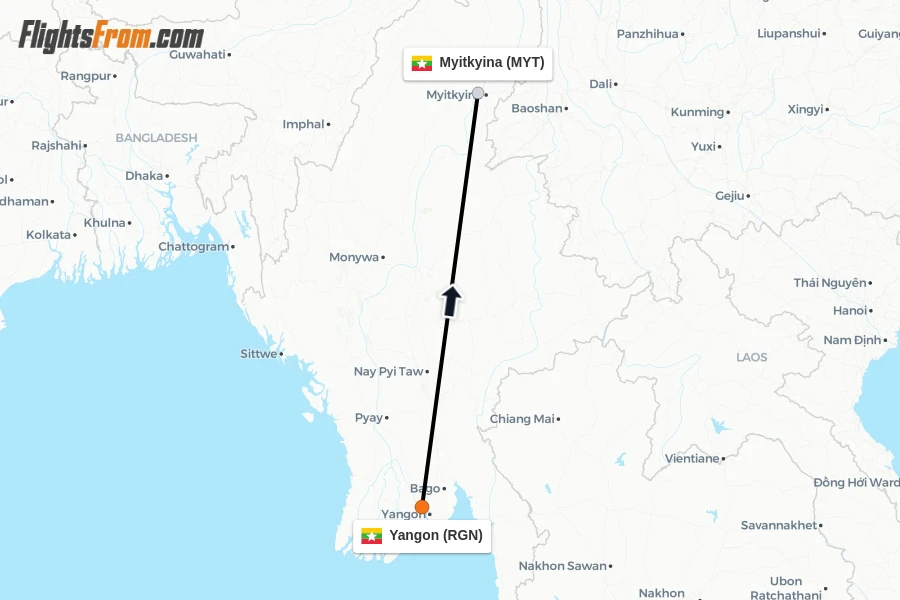 Flights from Yangon to Myitkyina route map