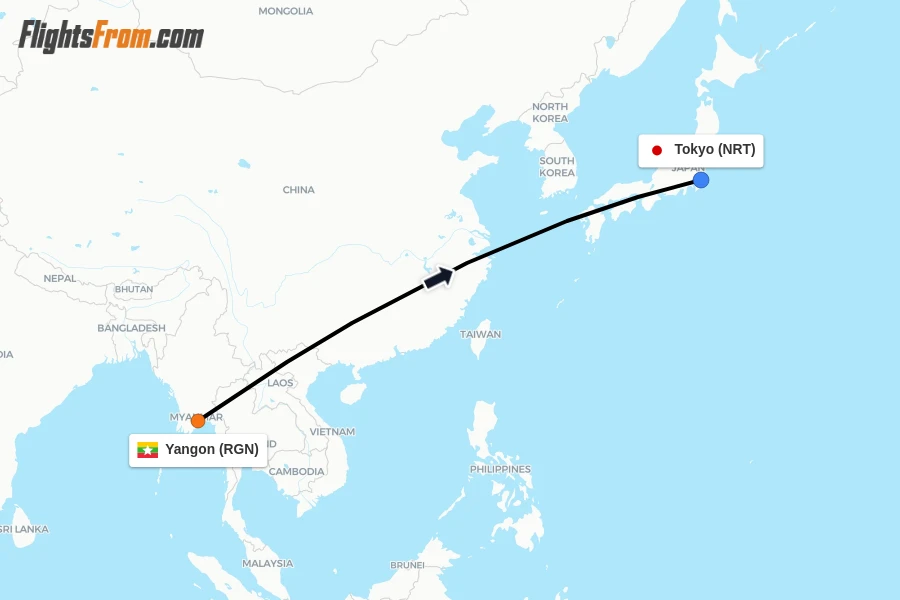 Flights from Yangon to Tokyo route map