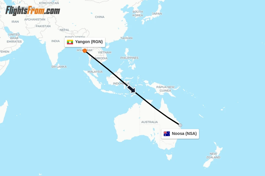 Flights from Yangon to Noosa route map