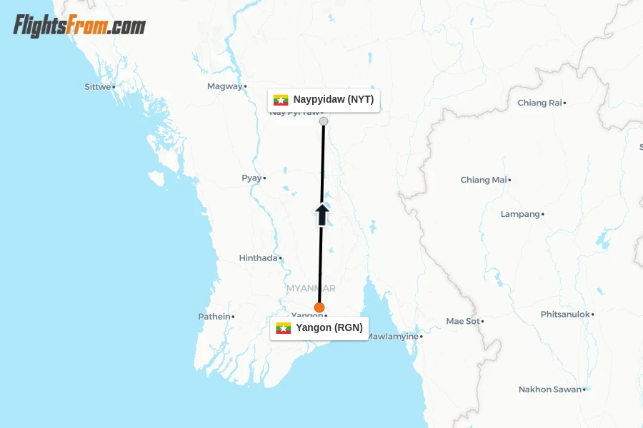 Flights from Yangon to Naypyidaw route map