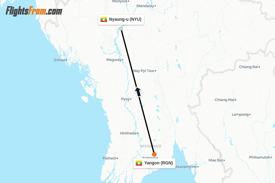 Flights from Yangon to Nyaung-u route map