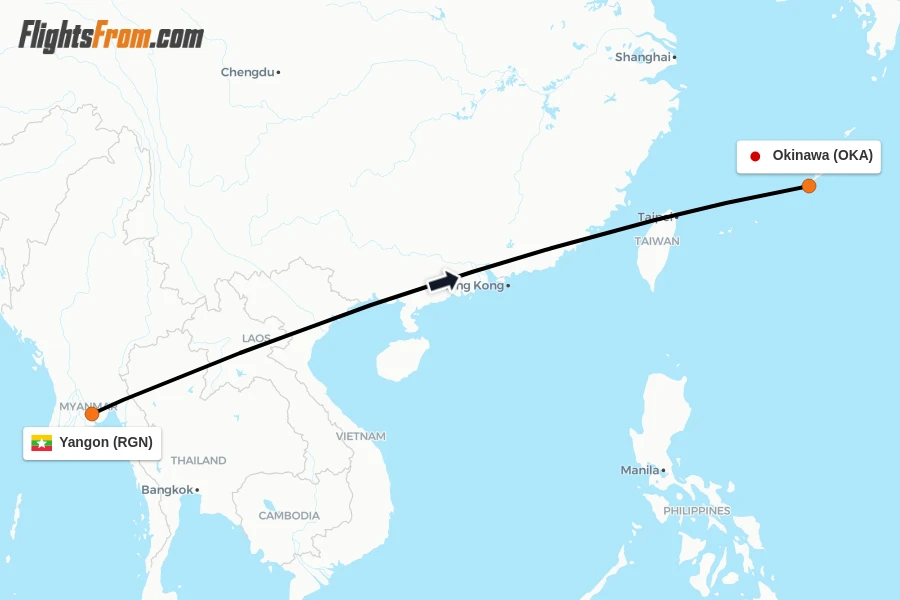 Flights from Yangon to Okinawa route map