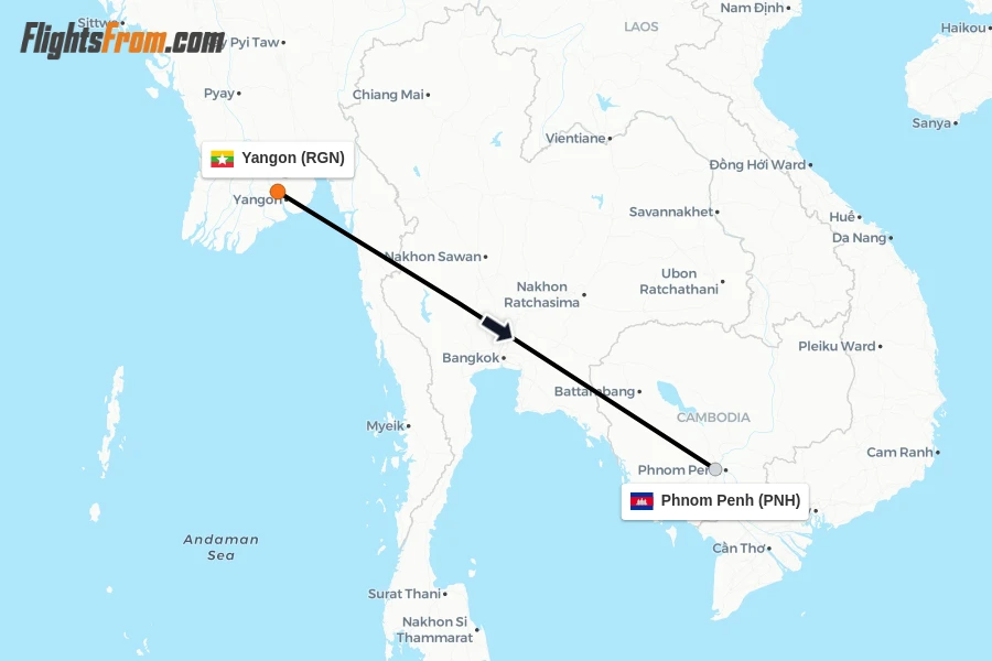 Flights from Yangon to Phnom Penh route map