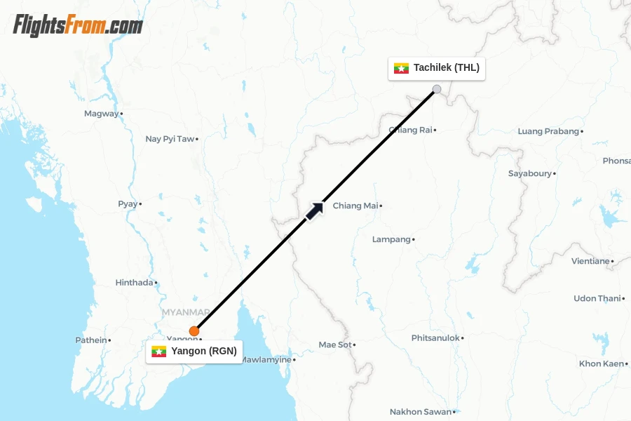 Flights from Yangon to Tachilek route map