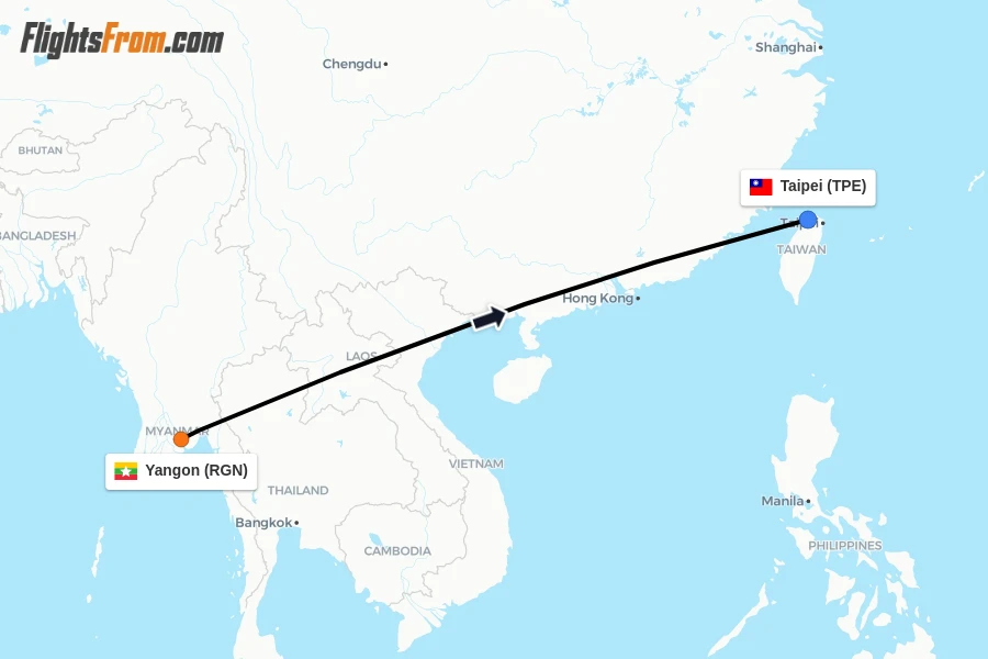 Flights from Yangon to Taipei route map