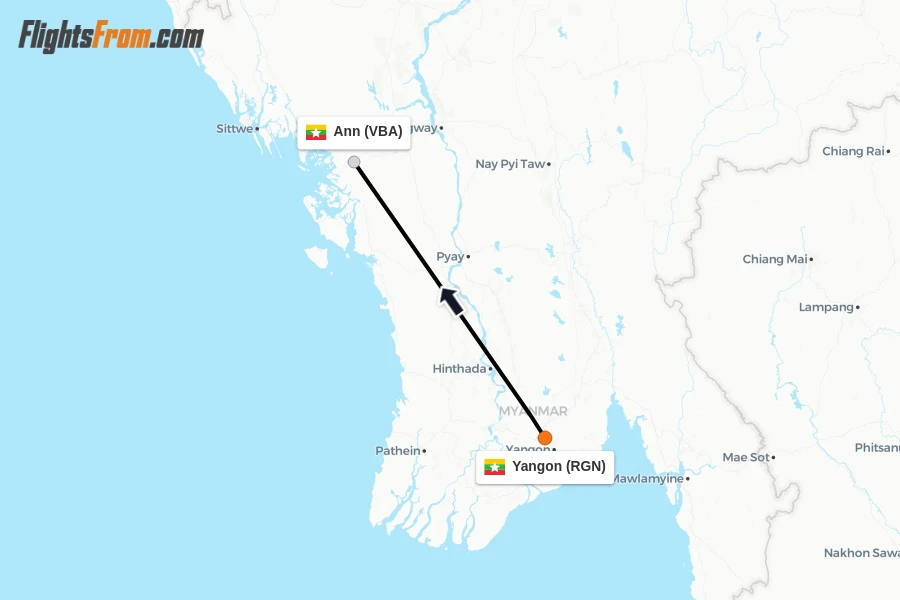 Flights from Yangon to Ann route map