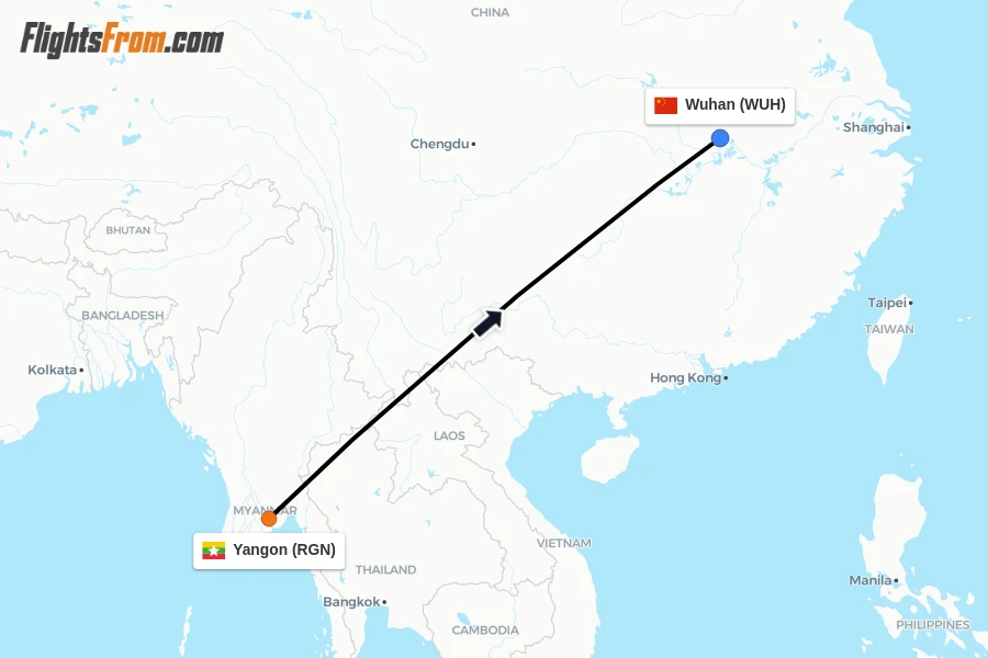 Flights from Yangon to Wuhan route map