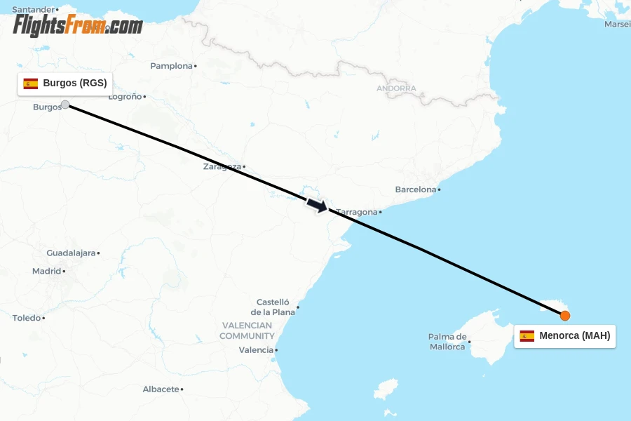 Flights from Burgos to Menorca route map