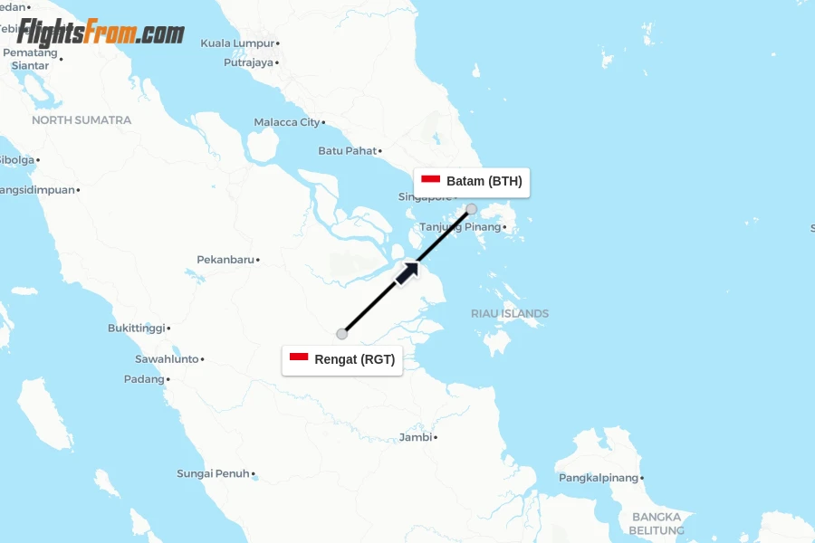 Flights from Rengat to Batam route map
