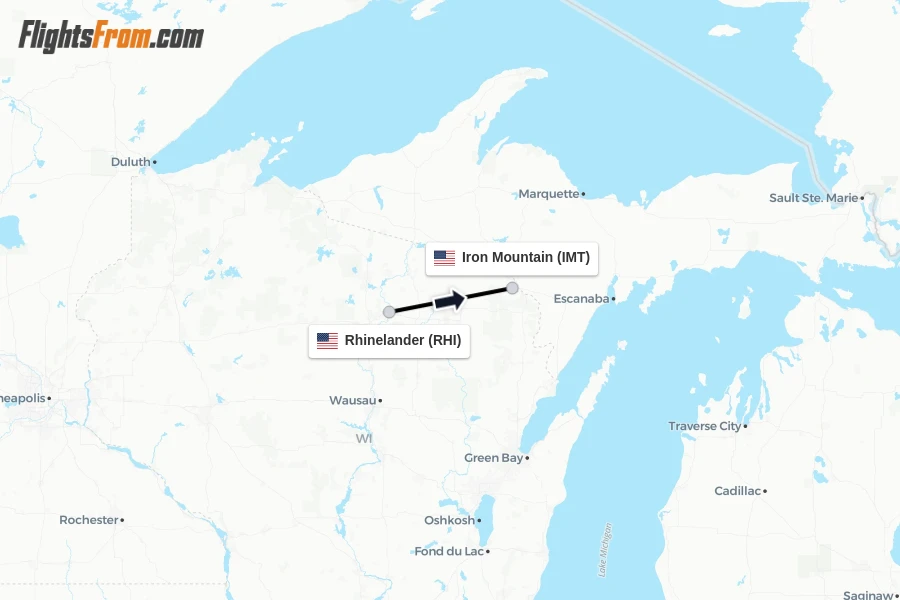 Flights from Rhinelander to Iron Mountain route map