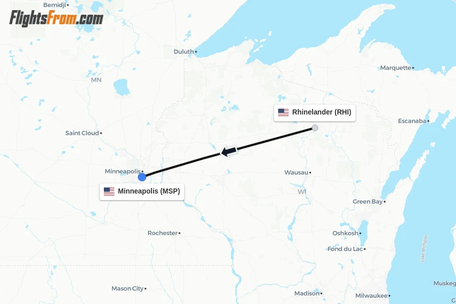 Flights from Rhinelander to Minneapolis route map
