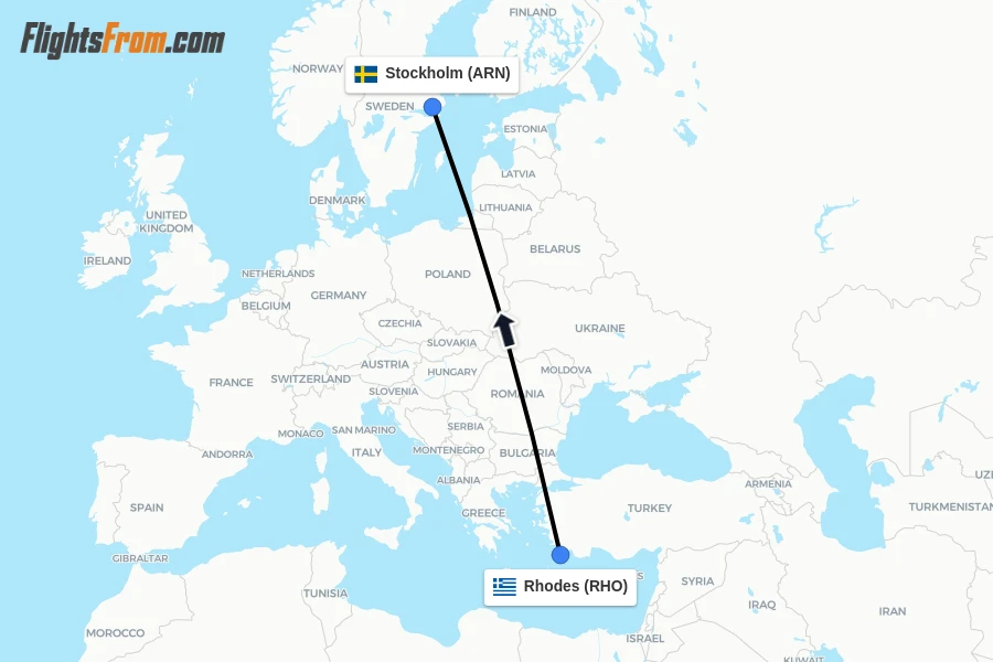 Flights from Rhodes to Stockholm route map