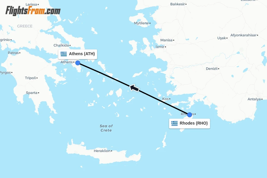 Flights from Rhodes to Athens route map