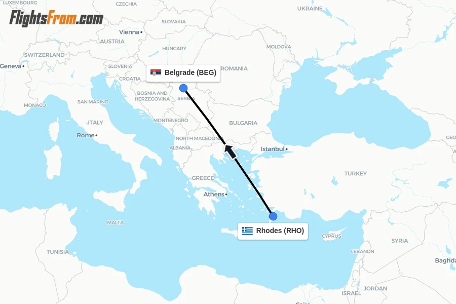 Flights from Rhodes to Belgrade route map