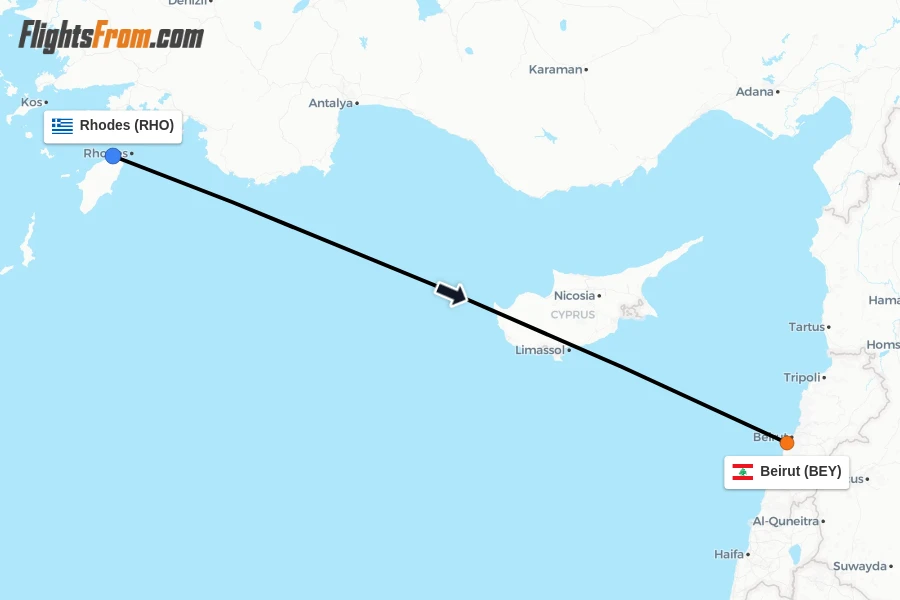 Flights from Rhodes to Beirut route map