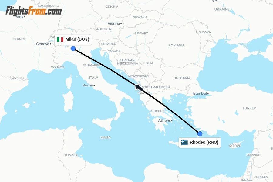 Flights from Rhodes to Milan route map