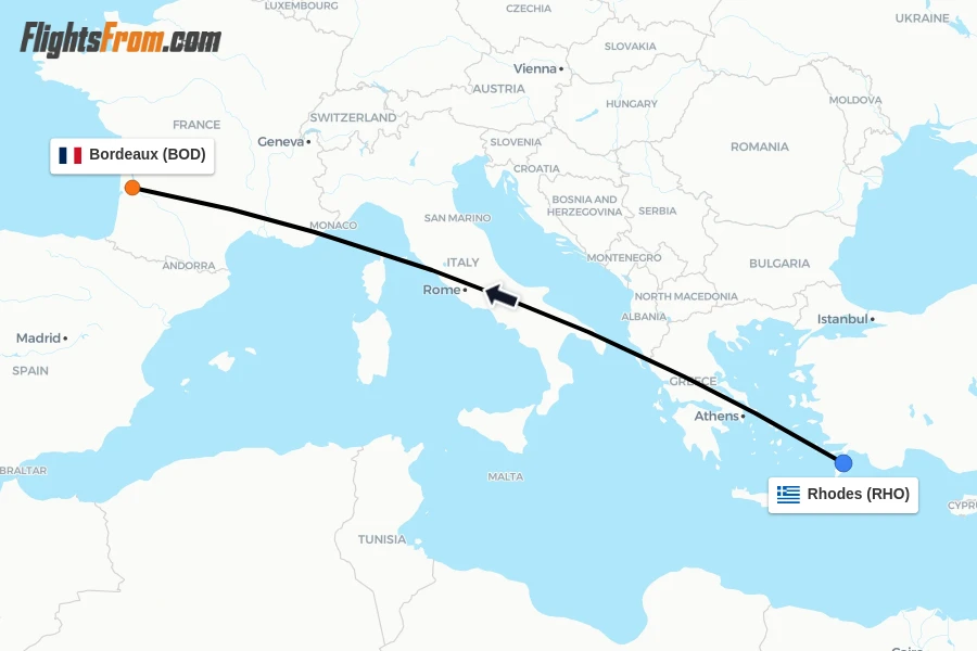 Flights from Rhodes to Bordeaux route map