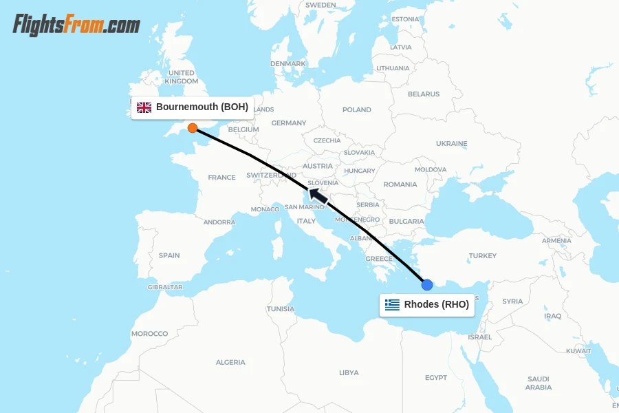Flights from Rhodes to Bournemouth route map