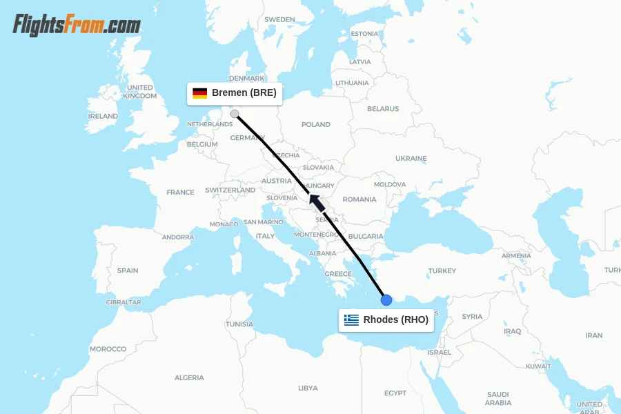 Flights from Rhodes to Bremen route map