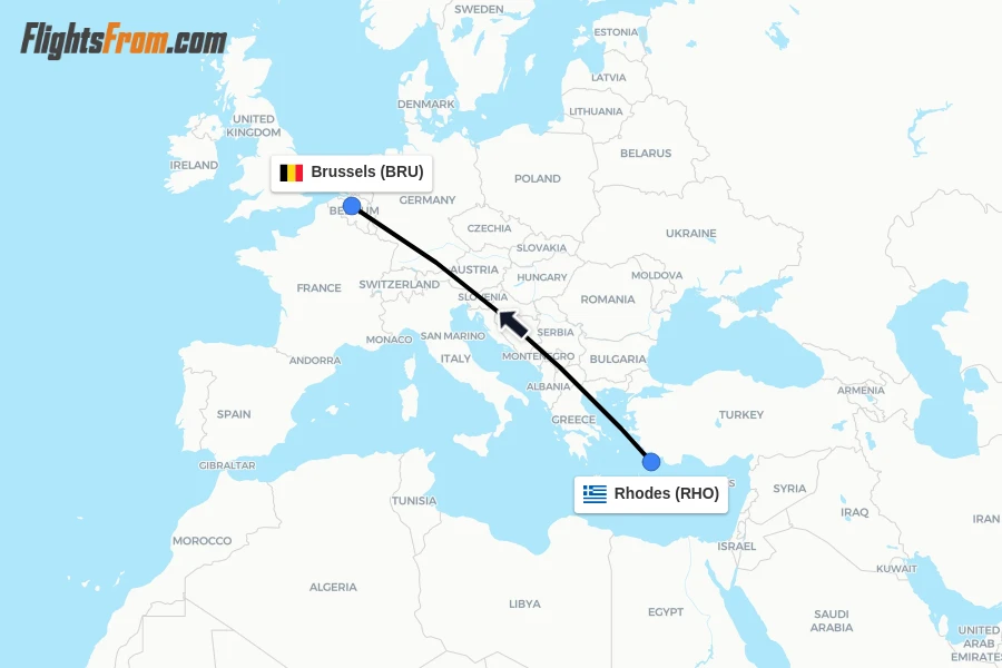 Flights from Rhodes to Brussels route map