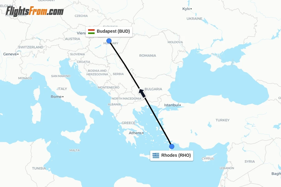Flights from Rhodes to Budapest route map