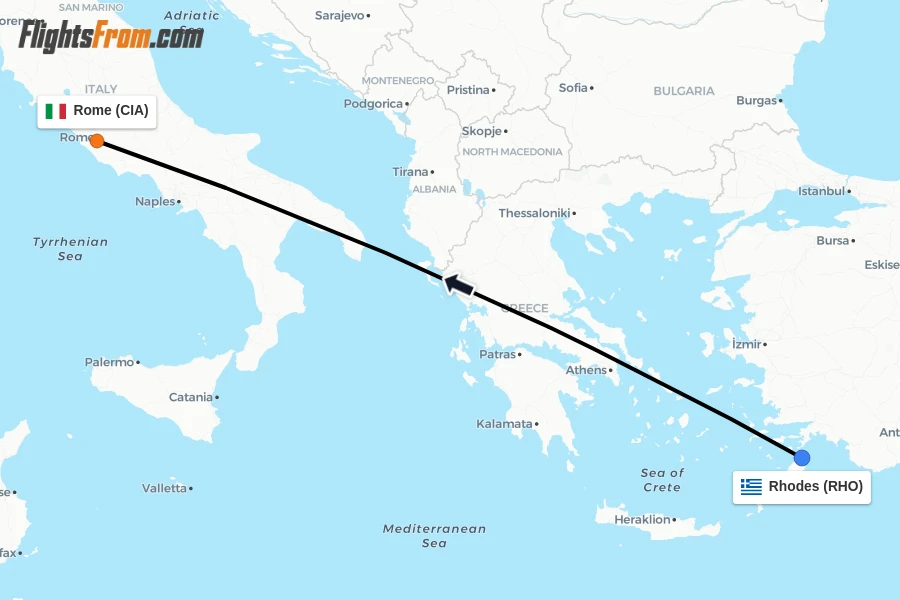 Flights from Rhodes to Rome route map
