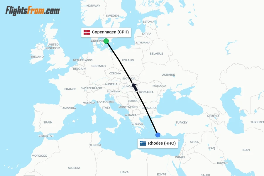 Flights from Rhodes to Copenhagen route map