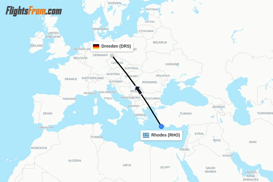 Flights from Rhodes to Dresden route map