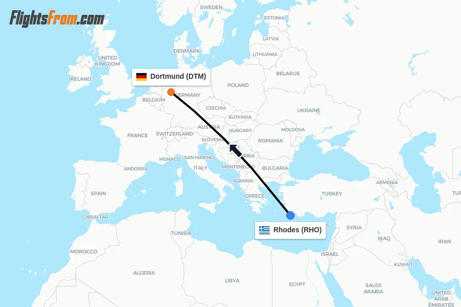 Flights from Rhodes to Dortmund route map