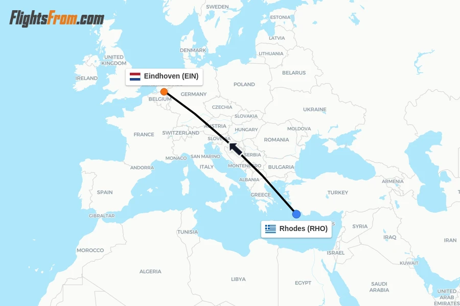 Flights from Rhodes to Eindhoven route map