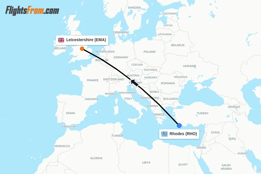 Flights from Rhodes to Leicestershire route map