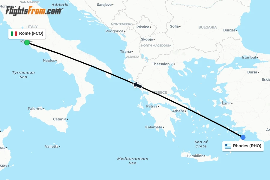 Flights from Rhodes to Rome route map