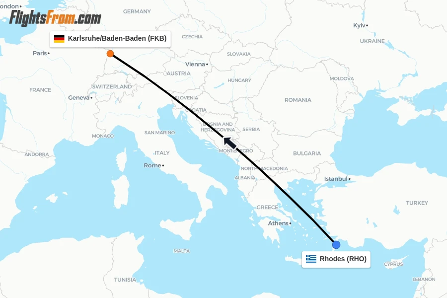 Flights from Rhodes to Karlsruhe/Baden-Baden route map