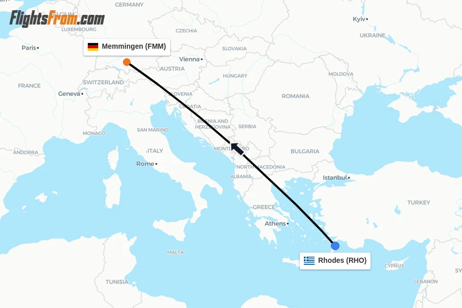Flights from Rhodes to Memmingen route map