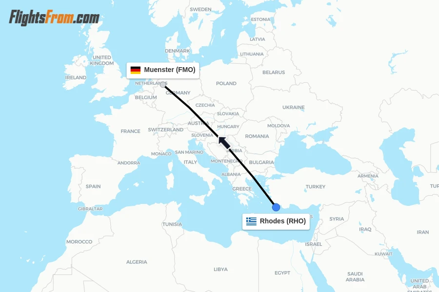 Flights from Rhodes to Muenster route map
