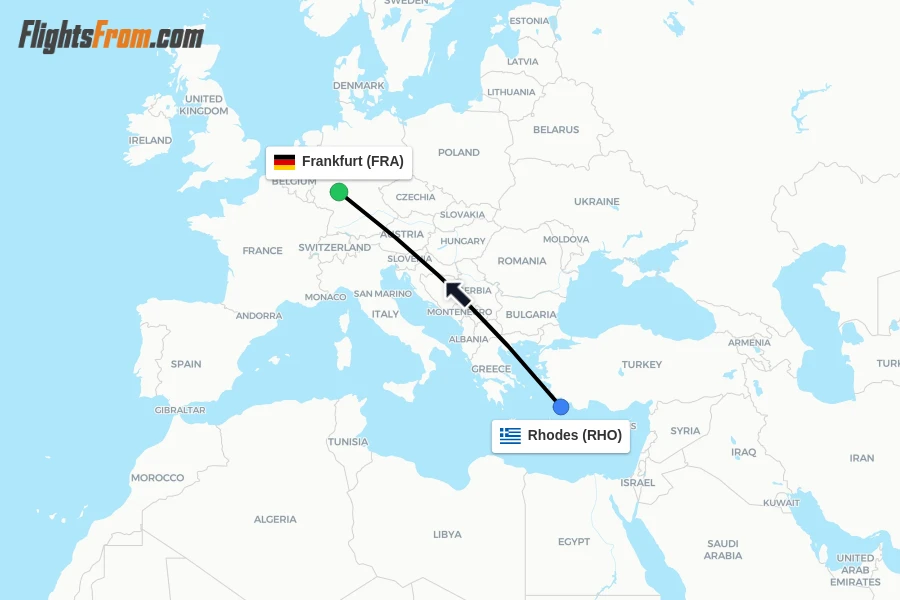 Flights from Rhodes to Frankfurt route map