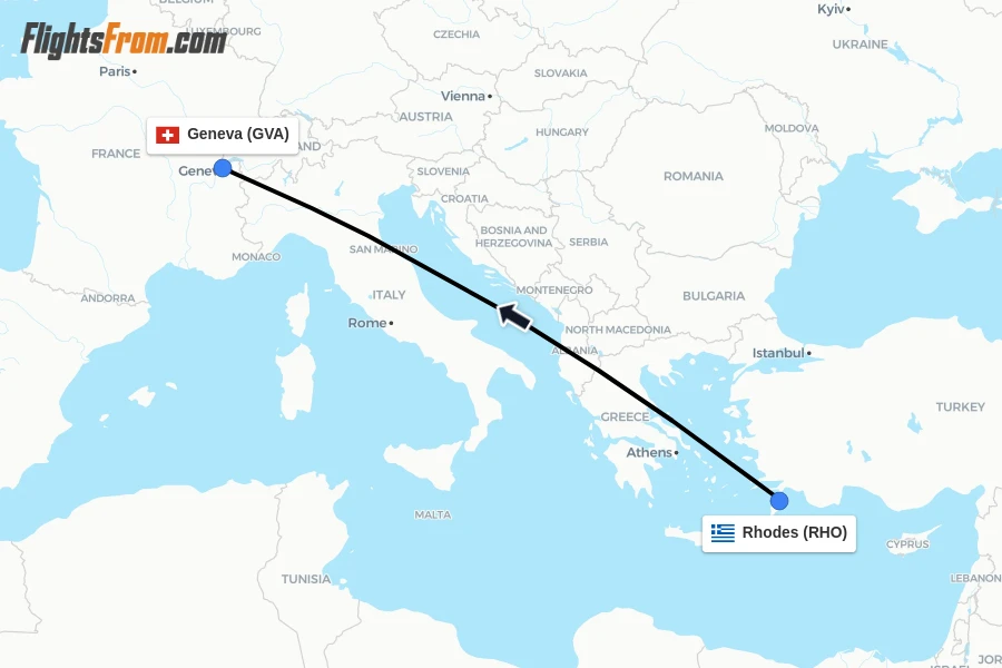 Flights from Rhodes to Geneva route map