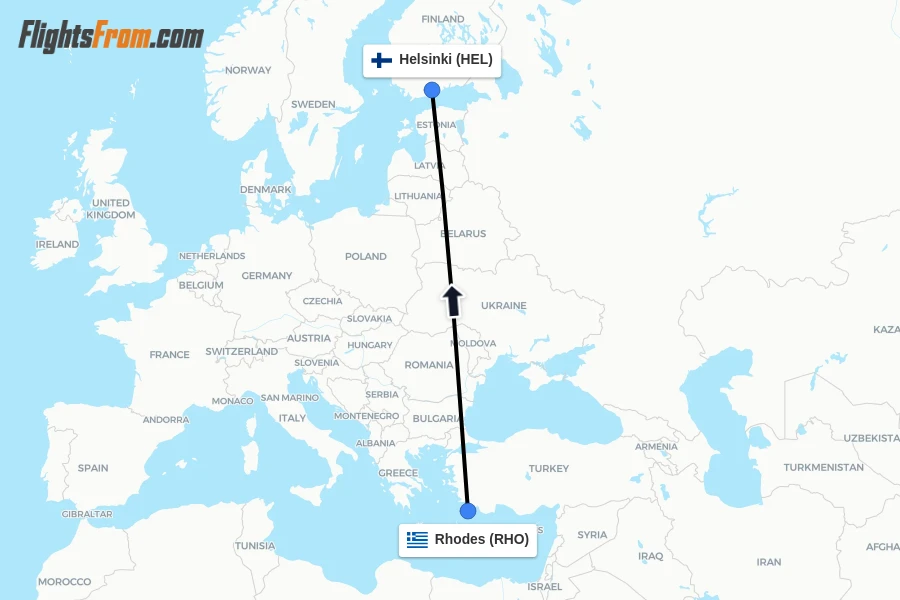 Flights from Rhodes to Helsinki route map