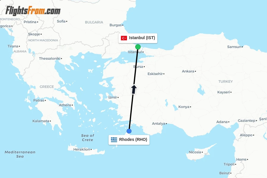 Flights from Rhodes to Istanbul route map
