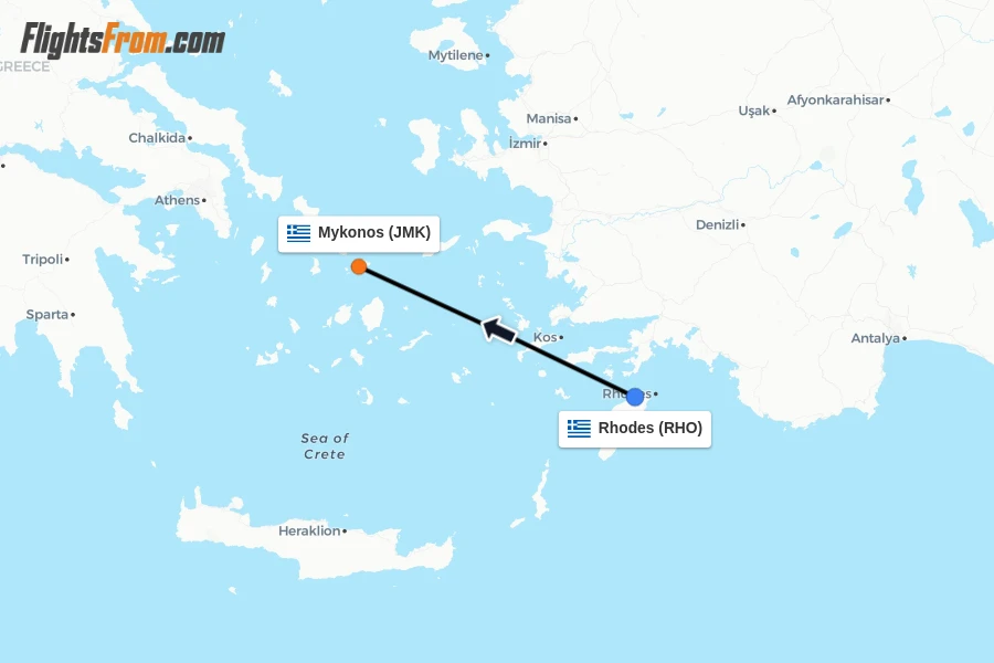 Flights from Rhodes to Mykonos route map