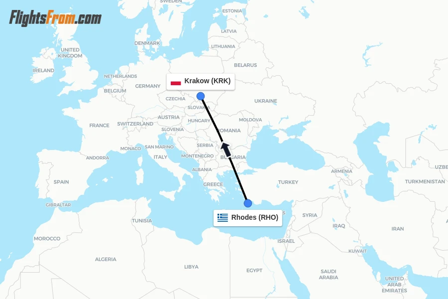 Flights from Rhodes to Krakow route map
