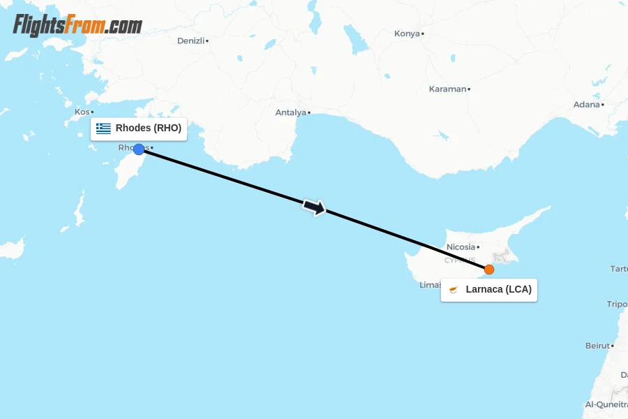 Flights from Rhodes to Larnaca route map